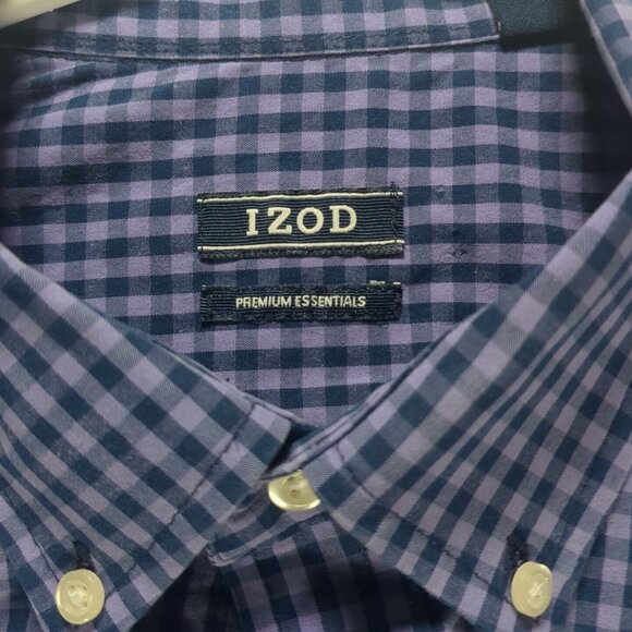 Mens Izod Premium Essentials Large Purple/Navy Checkered Long Sleeve Dress Shirt - Picture 6 of 11